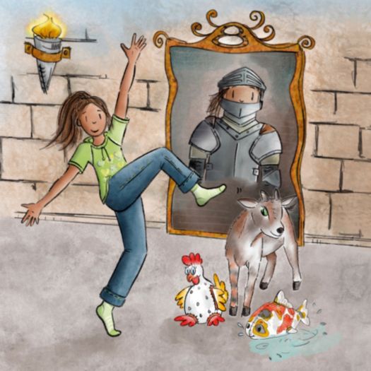 Illustratie uit Ridder in Sophie: Sophie danst voor een spiegel waarin ze zichzelf in een ridderharnas ziet.