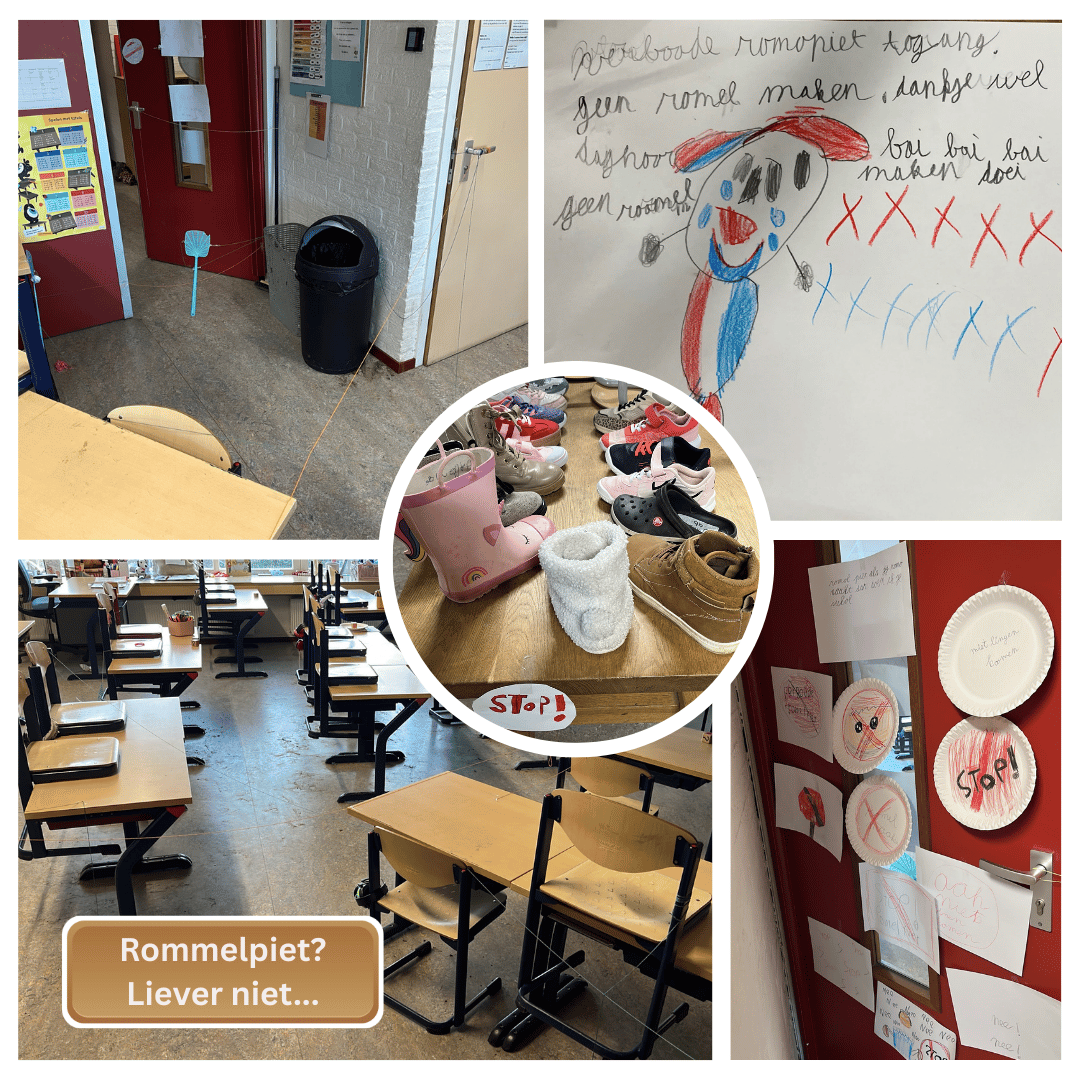 Rommelpiet, liever niet, Kr8stroom Collage van een groep-4 klas met schoenen, stop-bordjes, tekeningen en touwvallen tegen Rommelpiet, bij een blog over grenzen en zeggen wat je wél wilt.