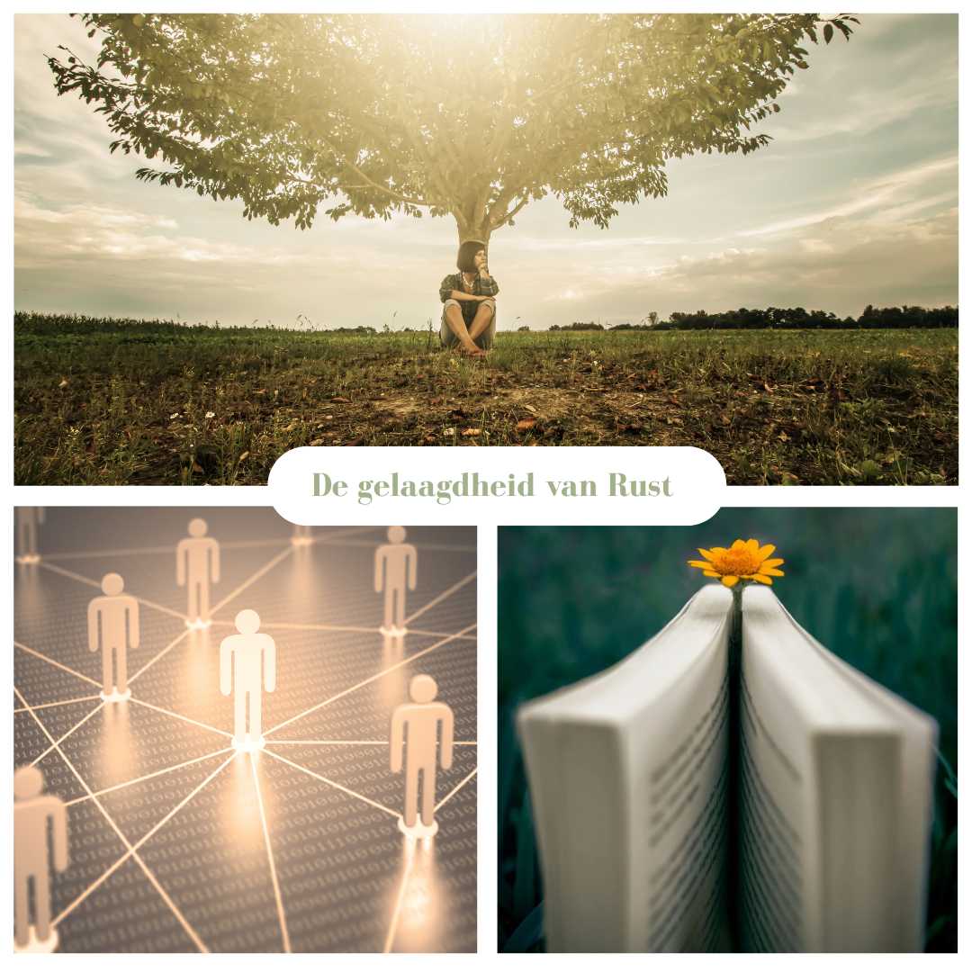 Familieopstelling rust in je hoofd: collage met vrouw in park, systeem-poppetjes en open boek