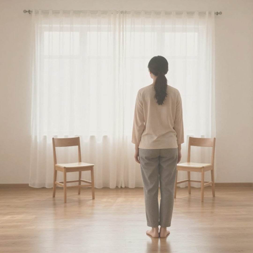 Vrouw in opstellingsruimte kijkt naar twee stoelen, als beeld voor keuze, plek en beweging in een systemische opstelling.